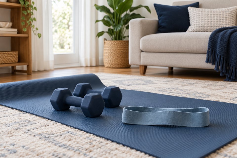 Simple home workout starter kit with mat, bands and dumbbells