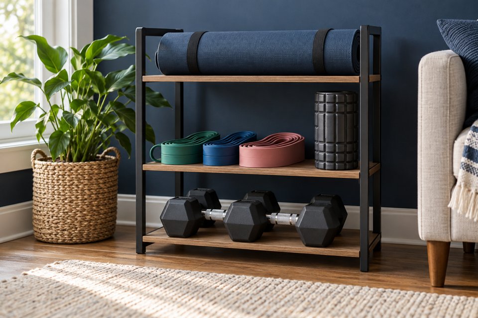 Home fitness shelf organizing mats, bands and weights